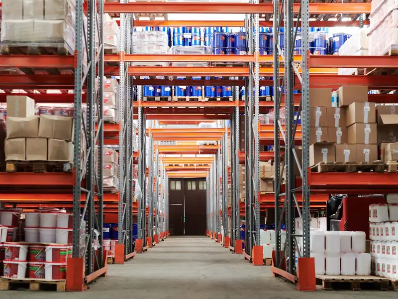 Storage racks and pallets along an industrial warehouse aisle.